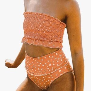 Orange floral strapless high waisted bikini